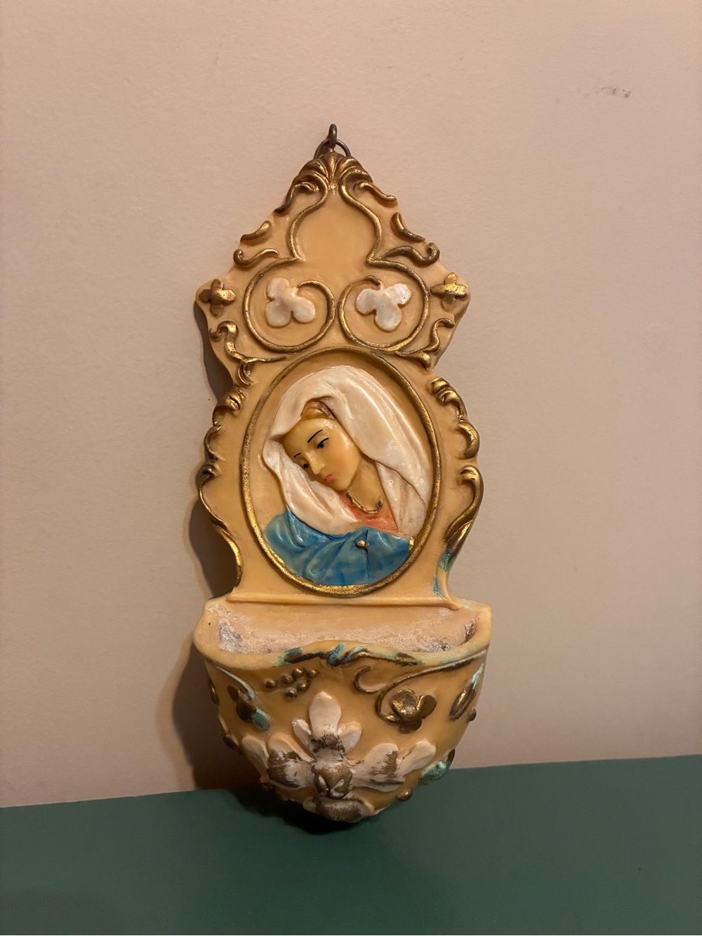 Vintage Religious Wall Holy Water Font in Cream and Blue